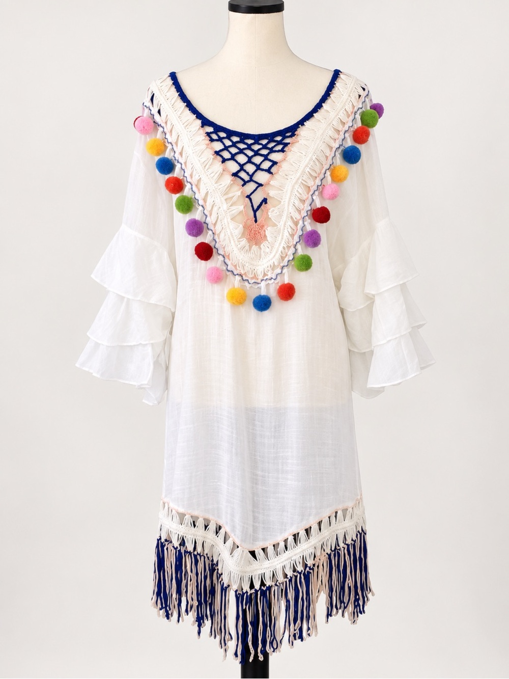 Finovas Moda Boho Crochet Pom Pom Fringe Coverup Tunic Dress White NWT